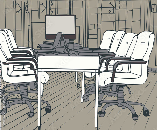 Computer generated image of conference table in meeting room