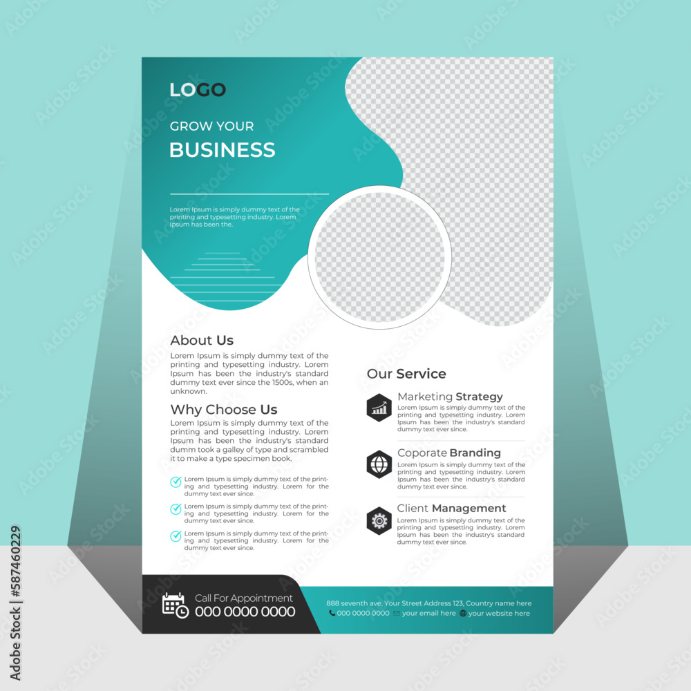 Corporate And Luxury Business Flyer Template. Poster Flyer Brochure Cover Layout Template With Circle Graphic Elements And Space For Photo Background. Business Brochure Flyer Design A4 Template.