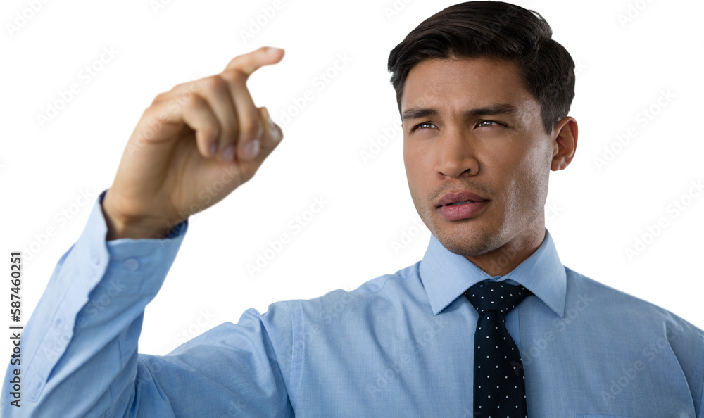 Close up of young businessman touching interface screen Close up of young businessman touching interface screen