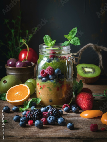 A plantbased smoothie filled with fruits and vegetables to promote cell regeneration and youthful energy.. AI generation.