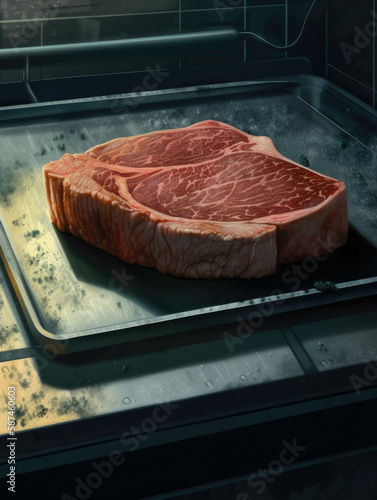 A closeup of a freshly steak with a background of labgrown meatproducing equipment.. AI generation. photo