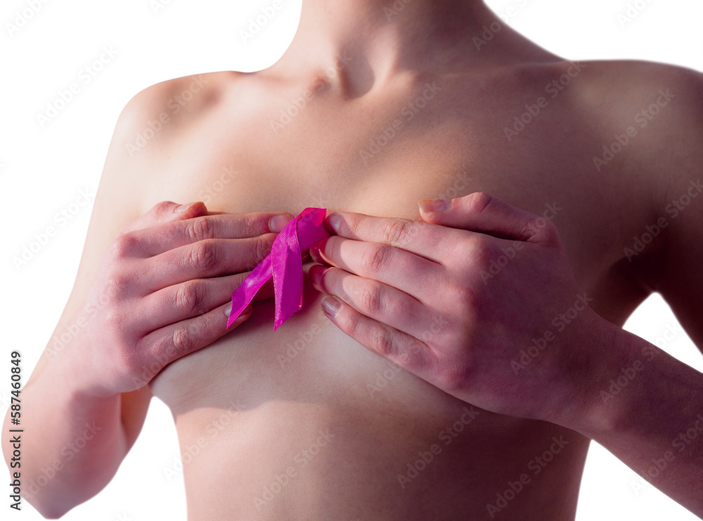 Obraz premium Nude woman with breast cancer ribbon