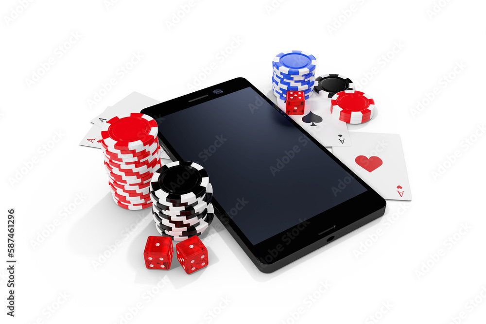 Fototapeta premium Mobile phone with playing cards and casino tokens