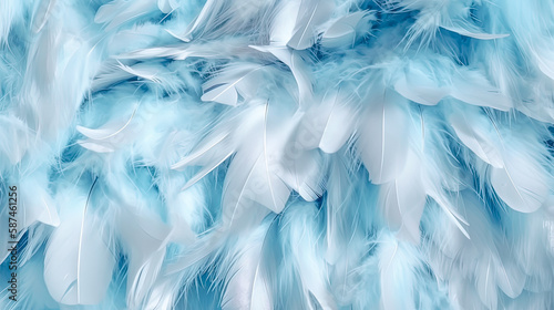 Tranquil Blue and white soft feathers and fur pattern texture background. Pastel blue color fur and feathers pattern texture. Close up. generative AI