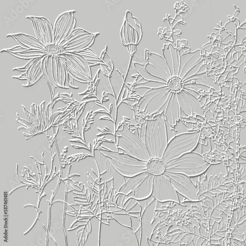 3d floral emboss lines pattern. Textured beautiful embossed flowers relief background. White 3d backdrop. Surface line art leaves. 3d light flowers endless ornaments with embossing effect. Element