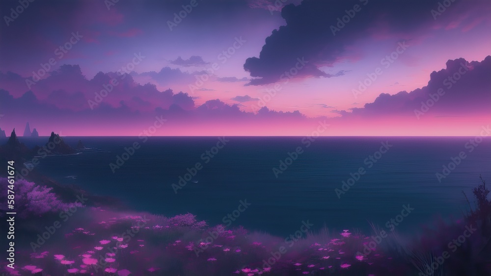 Fototapeta premium Evening dark landscape with sakura on the seashore