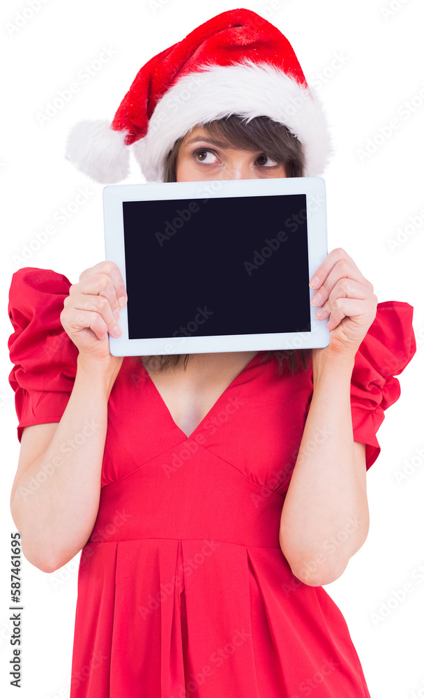 Festive brunette holding a tablet pc Festive brunette holding a tablet pc