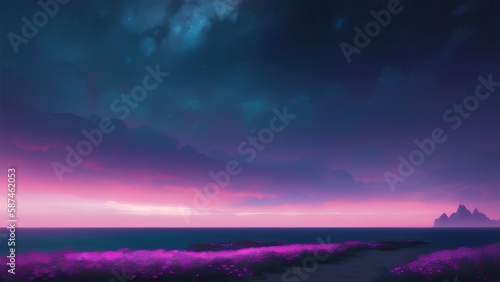 Evening dark landscape with sakura on the seashore