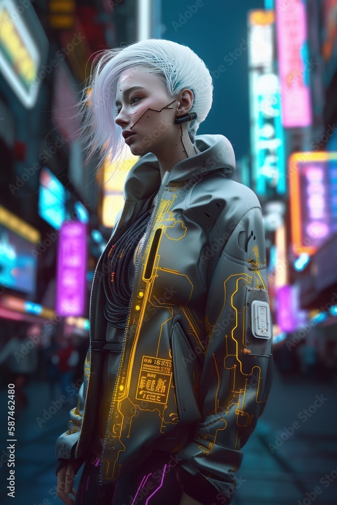 A woman wearing holographic cyberpunk clothing white
