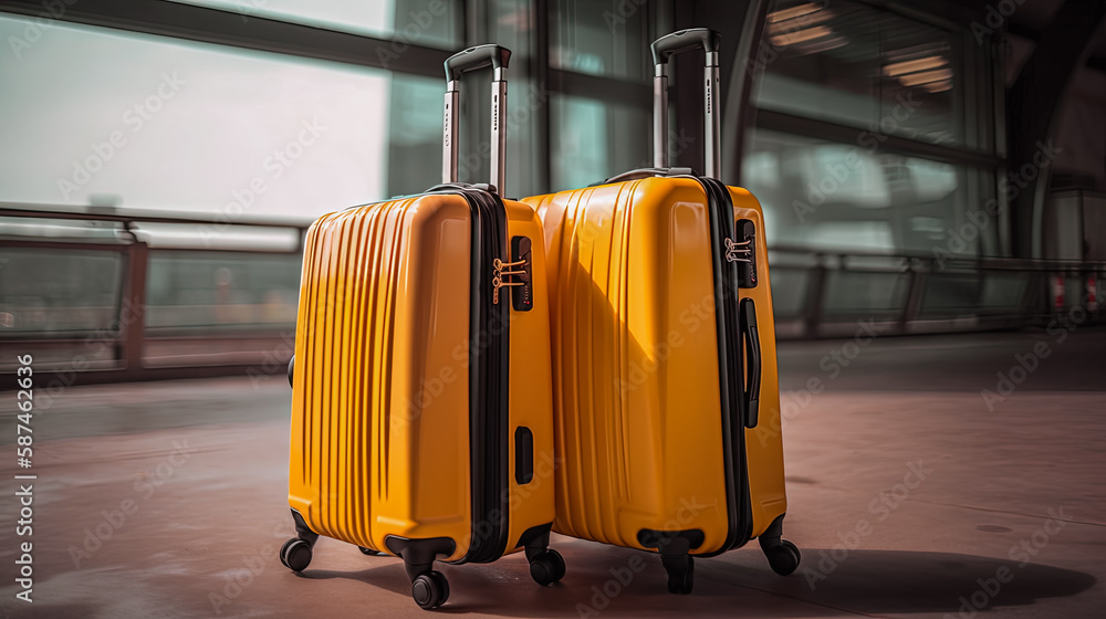 Closeup of group of yellow luggage with the blurred of the airport terminal background. Generative AI