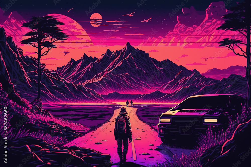 Sports car on the background of a retro wave landscape with trees along the road and a mountain ridge in the background. illustration in the style of the 80s created with Generative AI.