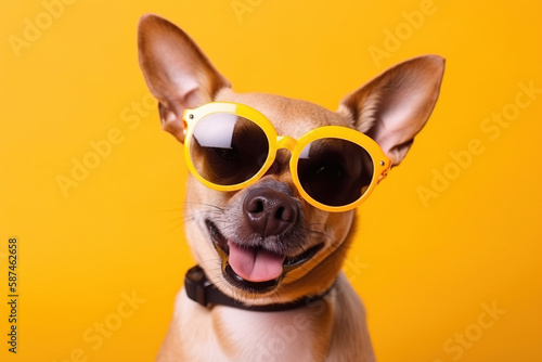 Close-up shot of a cute little smiling dog wearing sunglasses on a yellow background, created with Generative AI. © sommersby