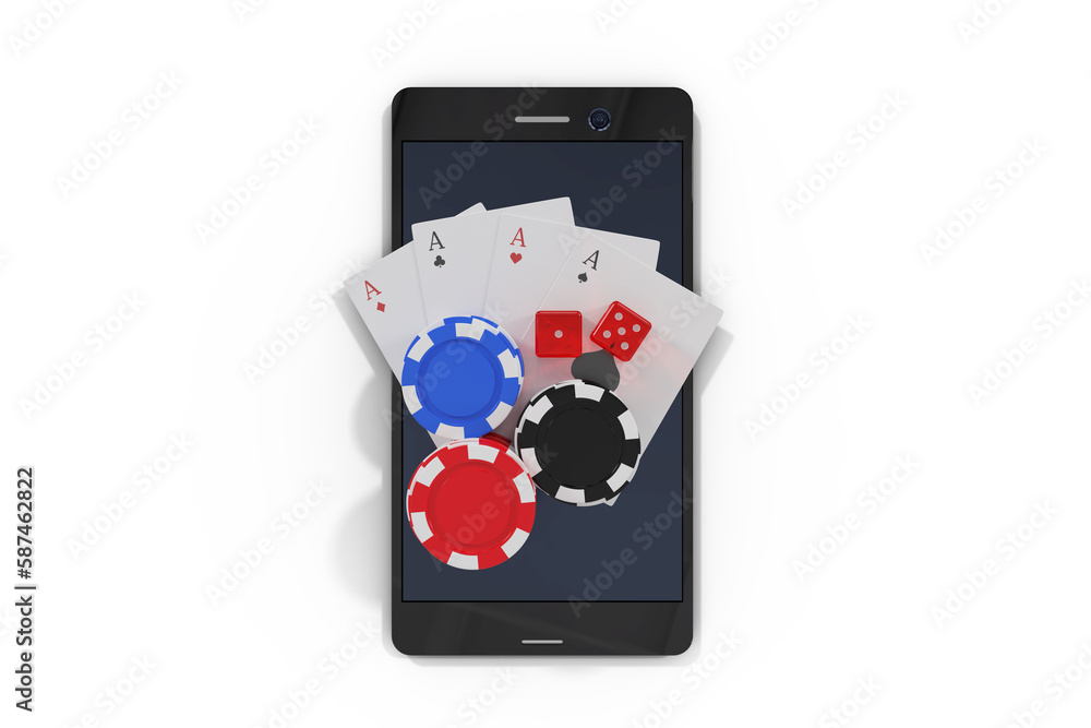 Naklejka premium Overhead view of mobile phone with casino tokens and playing cards