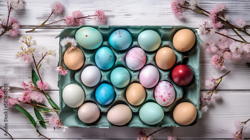 Colorful Easter eggs and cherry blossom on a blue cardboard tray on a white wooden background. Spring greeting card with copy space. Top view flat laying