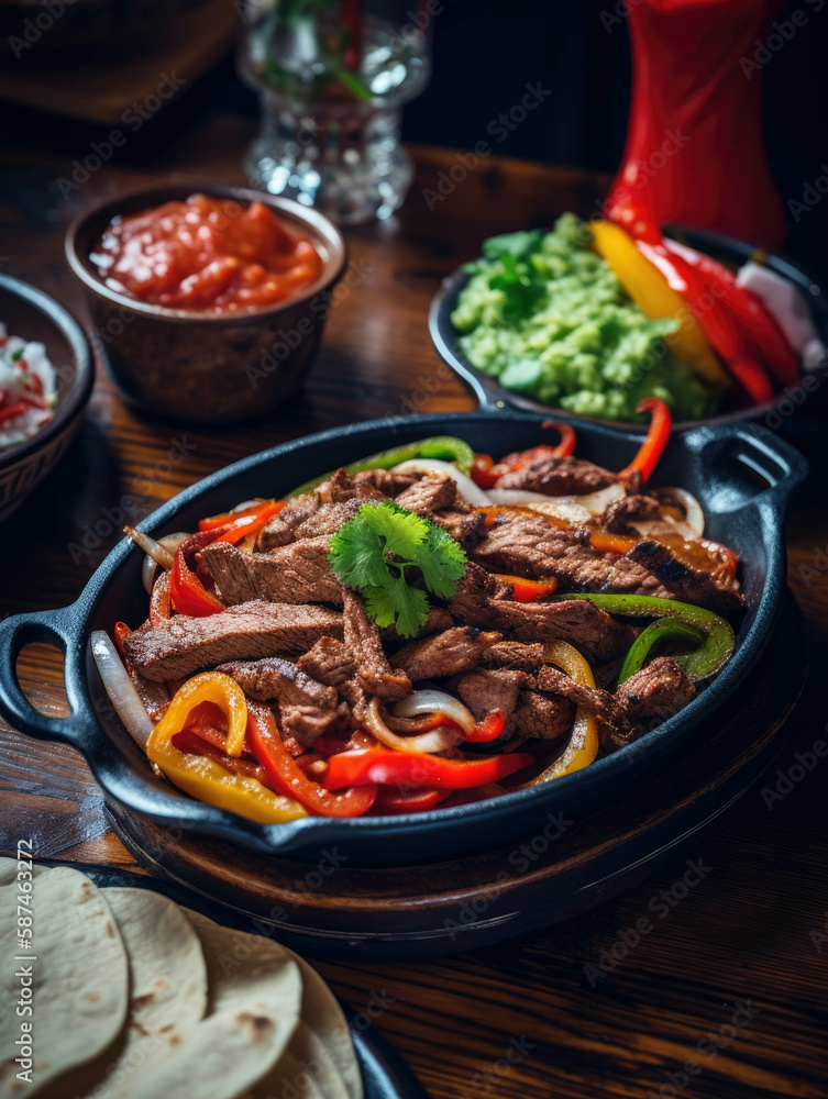 A piping hot plate of beef and vegetable fajitas sizzling and ready to eat.. AI generation.