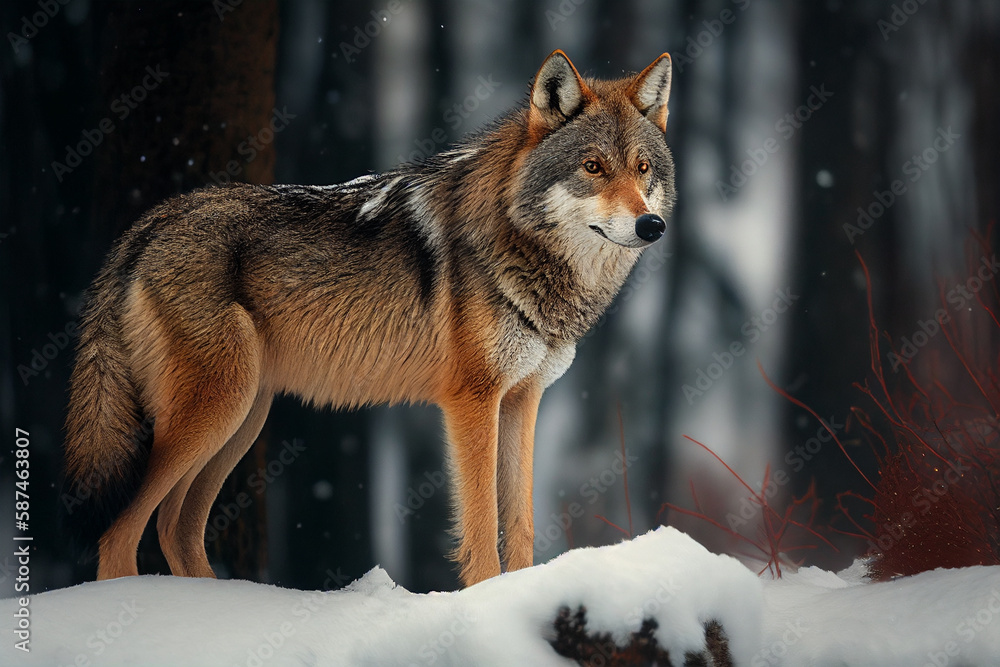 Wolf in winter forest. Canis lupus canis.  generative ai