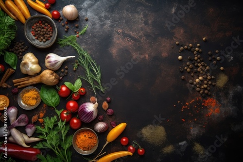Fresh veggies, herbs, and spices for cooking on a background of dark metal with room for text. looking up. Bio Ingredients in food. Generative AI