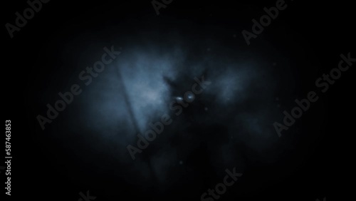 Gloomy ancient warrior silhouette holding a spear in rays of light. Dark spirit of war ready for battle. Evil ghost horror fantasy 2D animation. Spooky video clip. Blue and black abstract background.