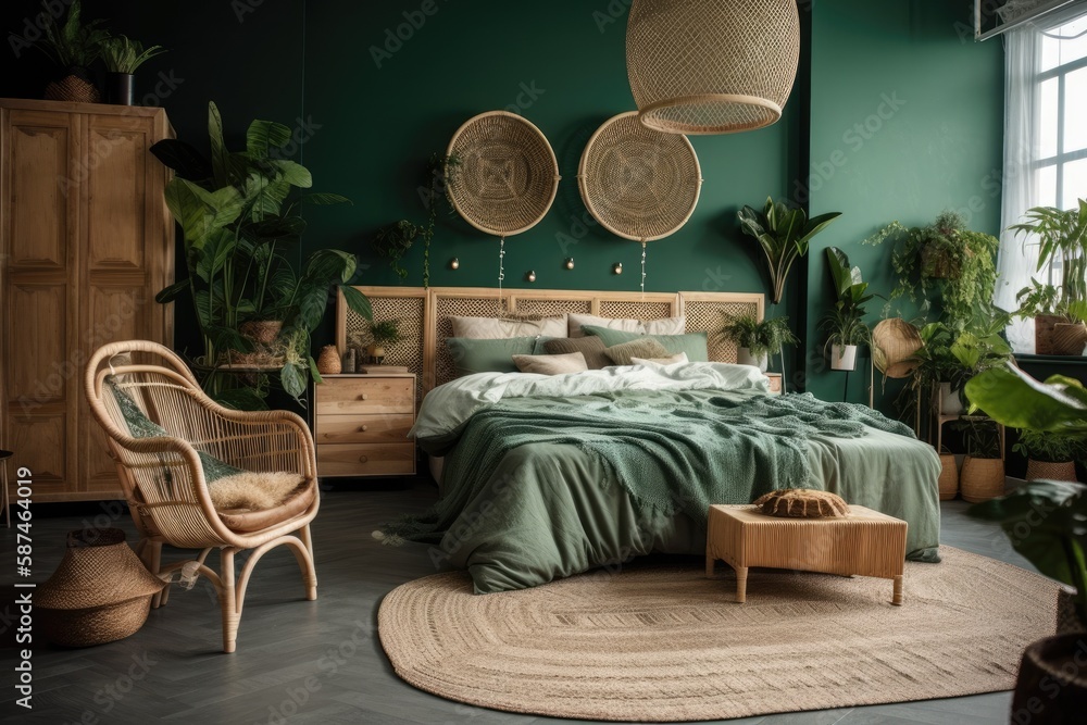Contemporary boho bedroom with green brick wall, bed, white wooden commode,  curtains, houseplants, rattan basket, dray palm leaf, and design  accessories. Elegant interiors. Generative AI Stock Illustration | Adobe  Stock
