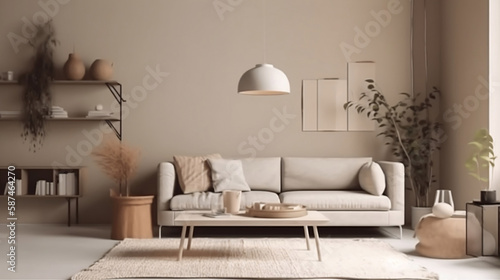 Domestic and cozy interior of living room with beige sofa, plants, shelf, coffee table, boucle rug, mock up poster frame, side table, plant and elegant decoration Beige wall. Generative ai