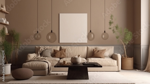 Domestic and cozy interior of living room with beige sofa  plants  shelf  coffee table  boucle rug  mock up poster frame  side table  plant and elegant decoration Beige wall. Generative ai