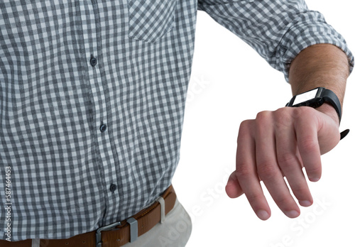Mid section of man wearing smartwatch