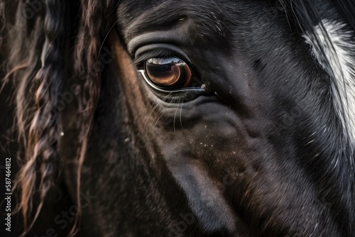 View of the ears and eyes of a black Hannoverian mare. Generative AI