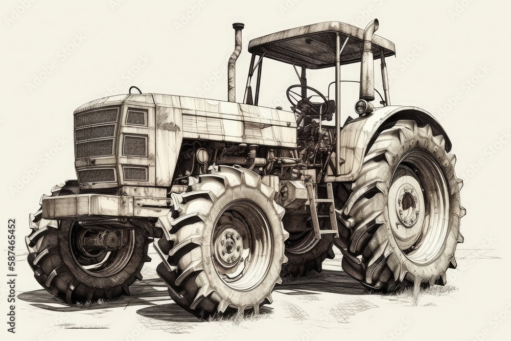 red tractor with a plow on a white background. Generative AI