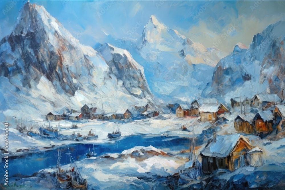 winter landscape with snow-covered mountains and houses. Generative AI
