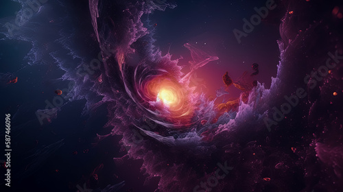 Ohre, lavander and peach nebula, spirals and galaxies in space. Abstract cosmos background. Generative AI