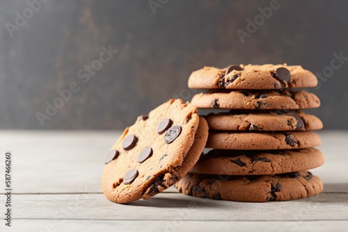 chocolate chip cookies, stack of chocolate chip cookies on a wooden table, chocolate chip cookies on a white wooden table