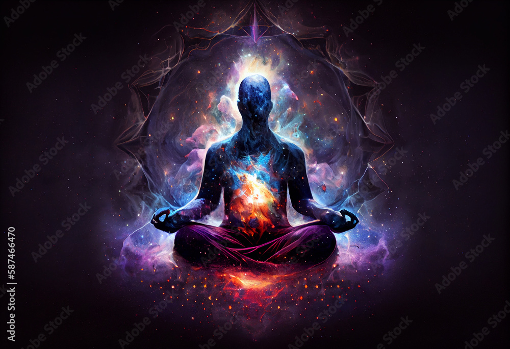 Cosmic entity meditating surrounded by colorful energy, Generative AI