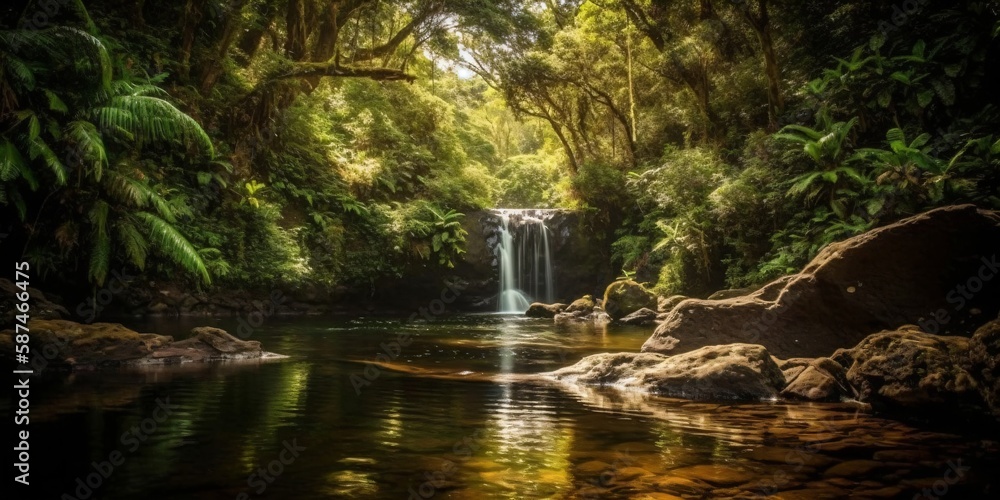 Naklejka premium deep rainforest waterfall, generative ai