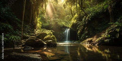 deep rainforest waterfall, generative ai