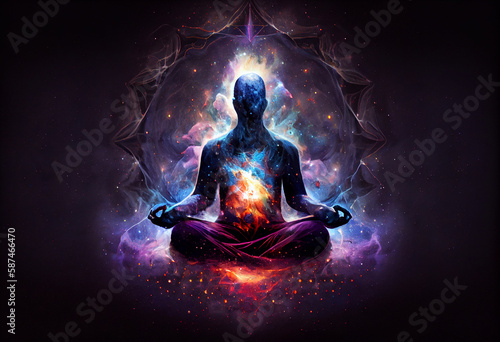 Cosmic entity meditating surrounded by colorful energy, Generative AI