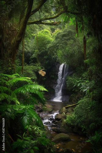 Waterfall in green rainforest generative AI