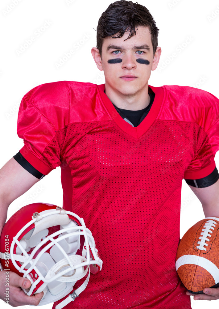 American football player holding helmet and a ball American football player holding helmet and a ball