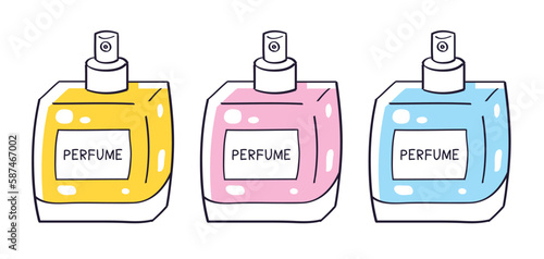 Perfume spray bottle or cologne fragrance with label set isolated vector illustration