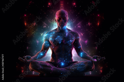 Man meditating in space surrounded by cosmic energy, Generative AI © Tangible Divinity