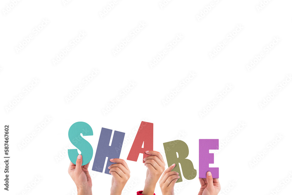 Colorful alphabet spelling share held up by people Colorful alphabet spelling share held up by people