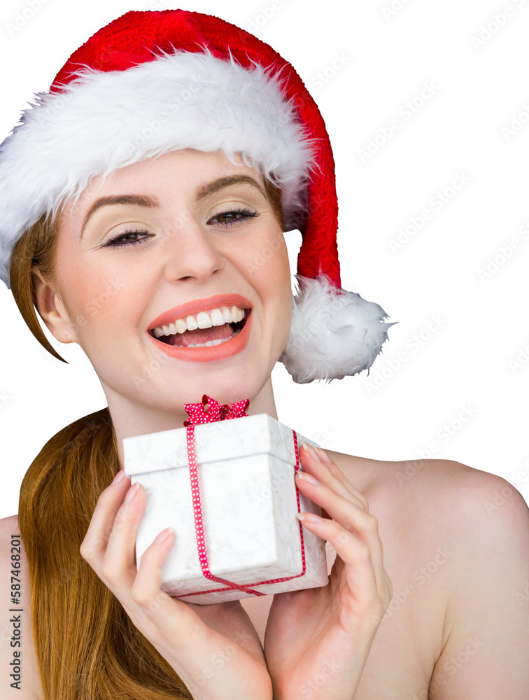 Obraz premium Pretty girl in santa costume holding gift box