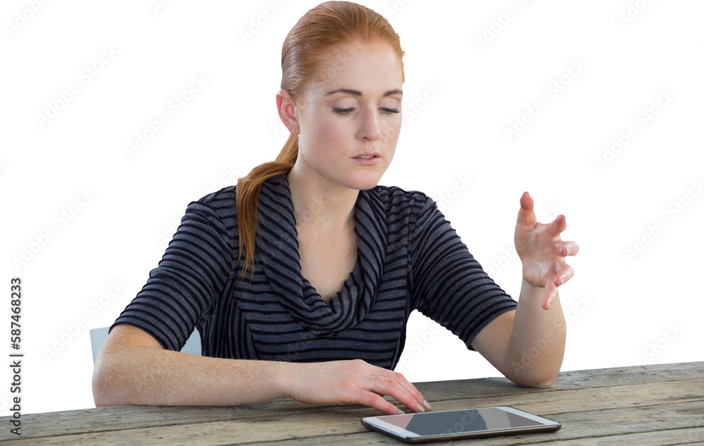 Young businesswoman gesturing over digital tablet Young businesswoman gesturing over digital tablet