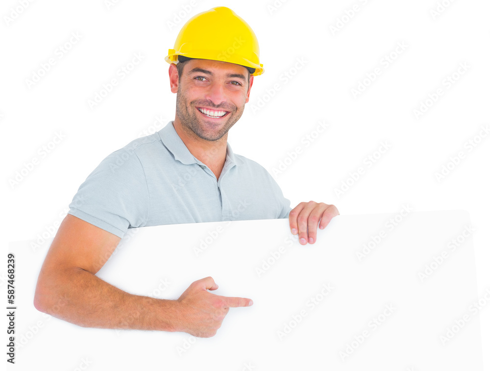 Foreman pointing at blank board on white background Foreman pointing at blank board on white background
