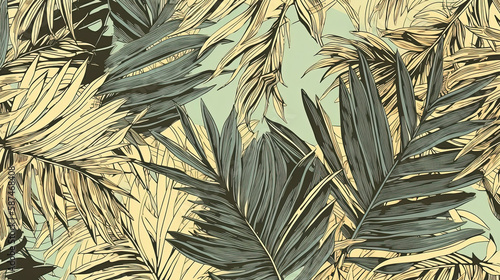 Tropical sago palm leaf Wallpaper, Luxury nature leaves pattern design, Hand drawn outline design for fabric , print, cover, banner and invitation, Generative AI