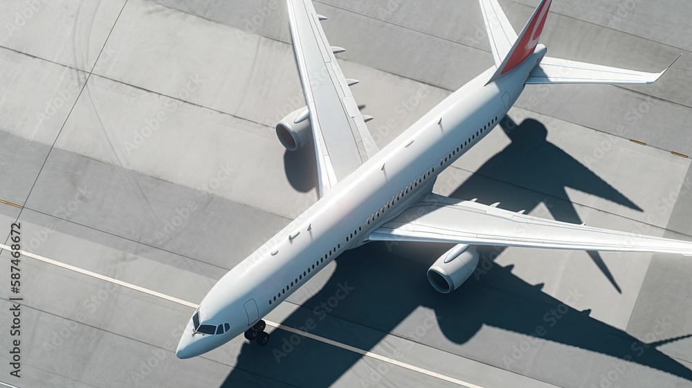 Aerial view of narrow body aircraft departing airport runway. Top down view of white unidentified airplane in the center of taxiway lines. Aviation industry. Generative AI Aerial view of narrow body aircraft departing airport runway. Top down view of white unidentified airplane in the center of taxiway lines. Aviation industry. Generative AI