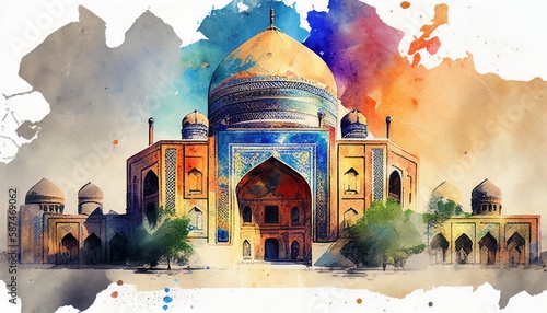 Registan - the heart of the ancient city of Samarkand of the Timurid Empire, now in Uzbekistan. Watercolor style illustration by Generative AI. photo