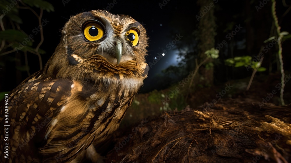 Owl in the wild at night. Generative AI.