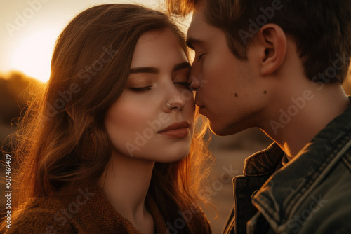 Attractive couple leaning in for a kiss, bathed by a shining sun. Young couple (man and woman) going for a kiss in sunset. Girl has some nose piercings. High quality generative ai