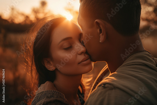 Attractive couple leaning in for a kiss, bathed by a shining sun. Young couple (man and woman) going for a kiss in sunset. High quality generative ai