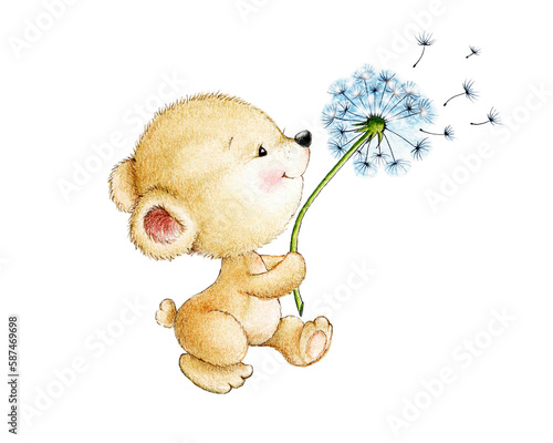 Teddy bear with dandelion flower